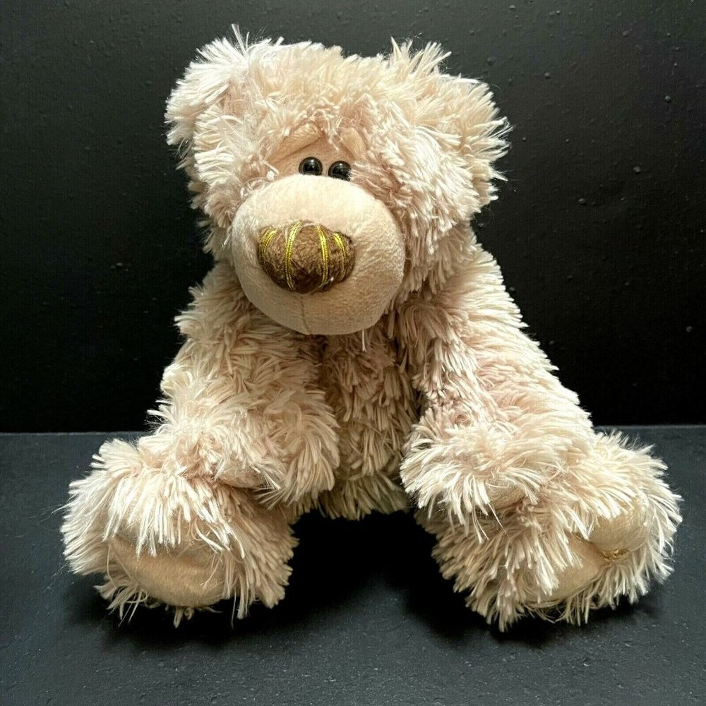 Kellytoy 12” super soft fluffy beige cuddily cute bear with gold threaded nose